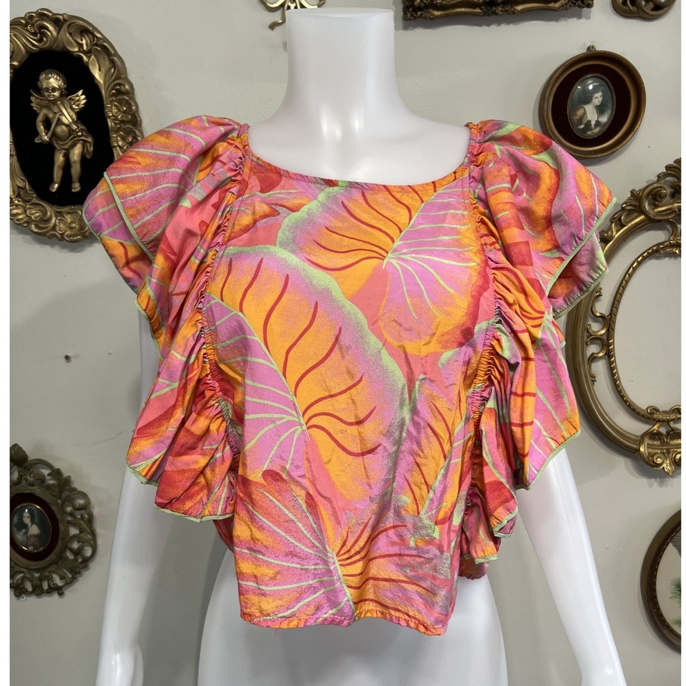 Farm Rio Tropical Leaf Print Pink Orange Scoop Neck Ruffle Crop Top Size L